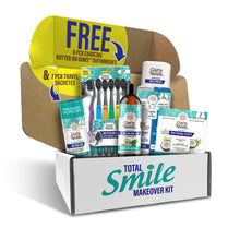 Load image into Gallery viewer, Total Smile Makeover Charcoal Kit - 8oz Cocomint Pulling Oil + Dual Barrel Mouthwash + Whitening Strips + 6 Pack Butter on Gums Toothbrush + 7 Oil Pulling Travel Sachets
